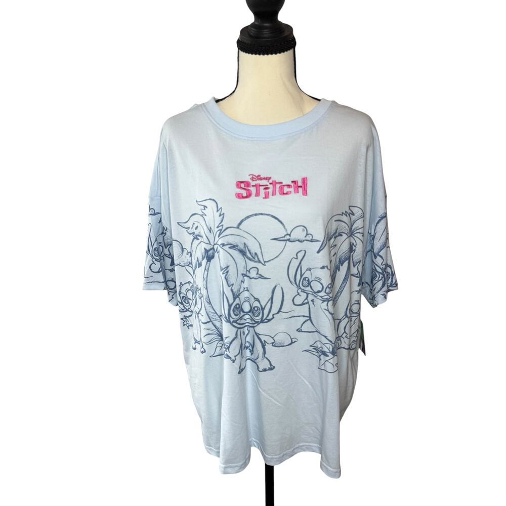 Disney Stitch Tropical Graphic T-Shirt Women's XL Light Blue Oversized Tee